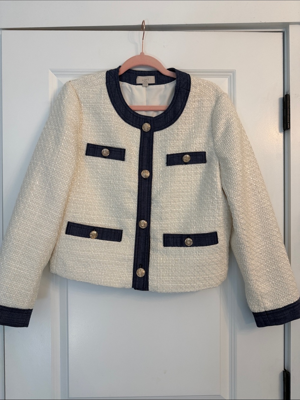 LOFT Cream Tweed Jacket with Navy Trim and Gold Buttons